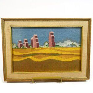 Vintage Petit Point Saskatchewan Grain Elevators #2775 Framed 10.75" x7.75"